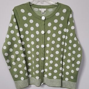 Christopher & Banks Sweater Womens XL Apple Green White Polka Dot Cardigan
